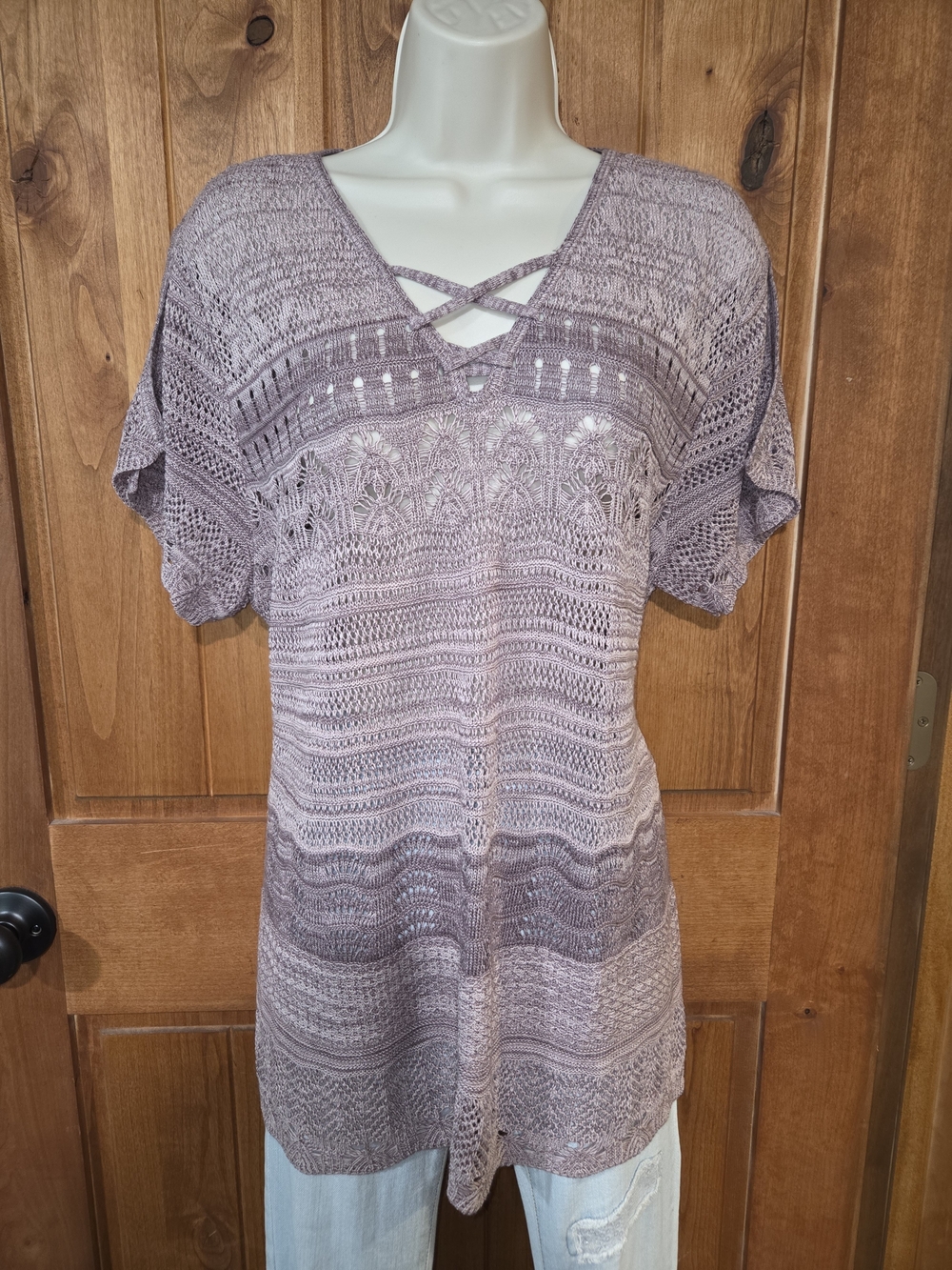 Women's‎ Lavender V-Neck Knit Sweater with Crisscross Detail